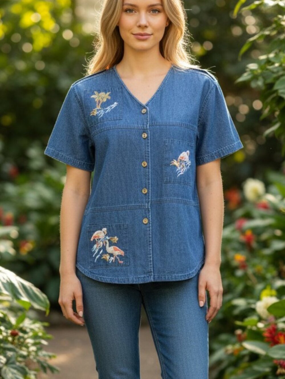 Vintage Jane Ashley Women's Cotton Denim Short Sleeve Button Front Top Small